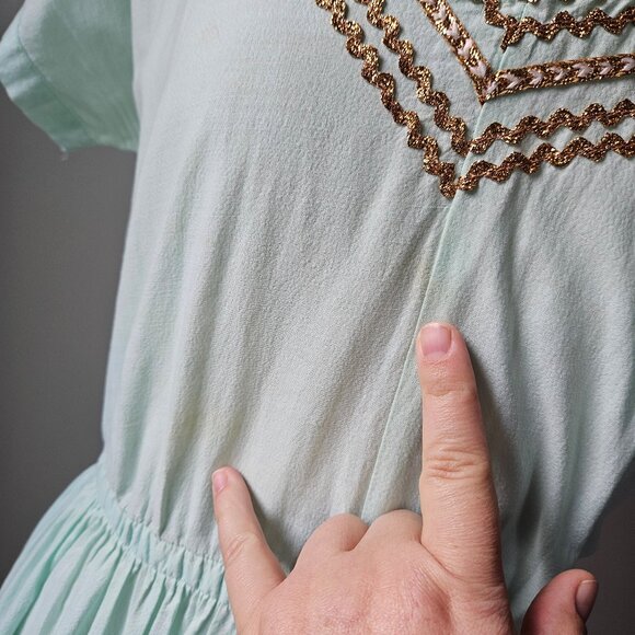 Vintage 50s 60s Blue Gold Patio Siesta Fiesta Squaw Southwestern Dress Medium - Picture 5 of 10